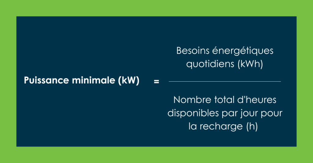 Puissance minimale (kW) = Besoins énergétiques quotidiens (kWh) ÷ Nombre total d'heures disponibles par jour pour la recharge (h)